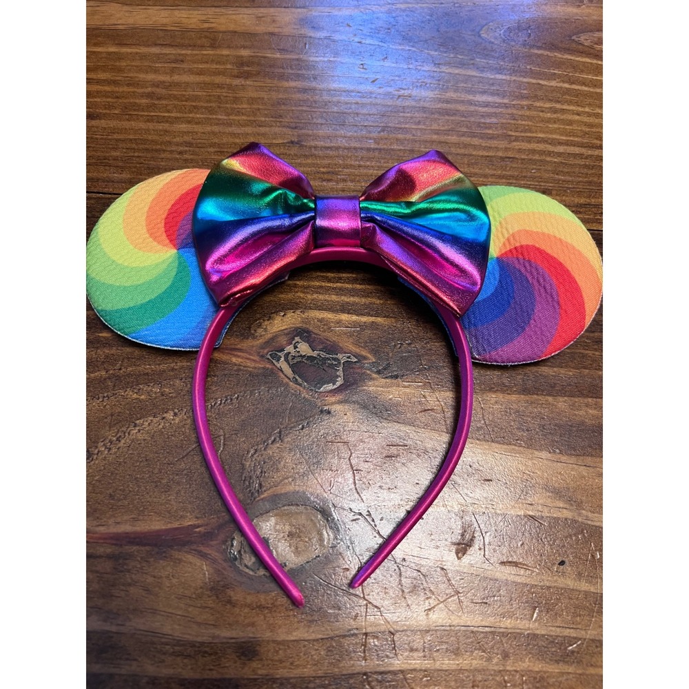 Rainbow Lollipop Mouse Ears Headband Women Multicolor Metallic Bow EUC